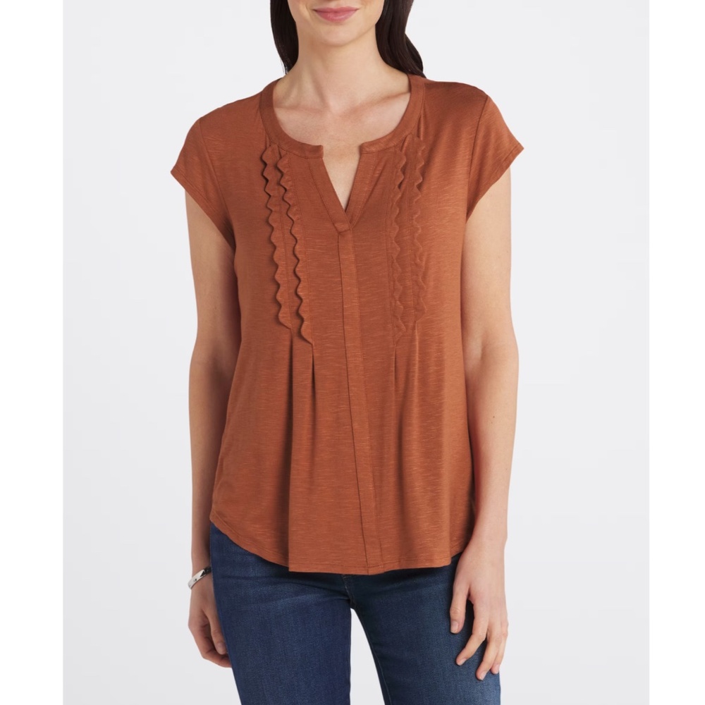 Daniel Rainn Micaela Split Neck Knit Top M Burnt Orange Short Sleeve